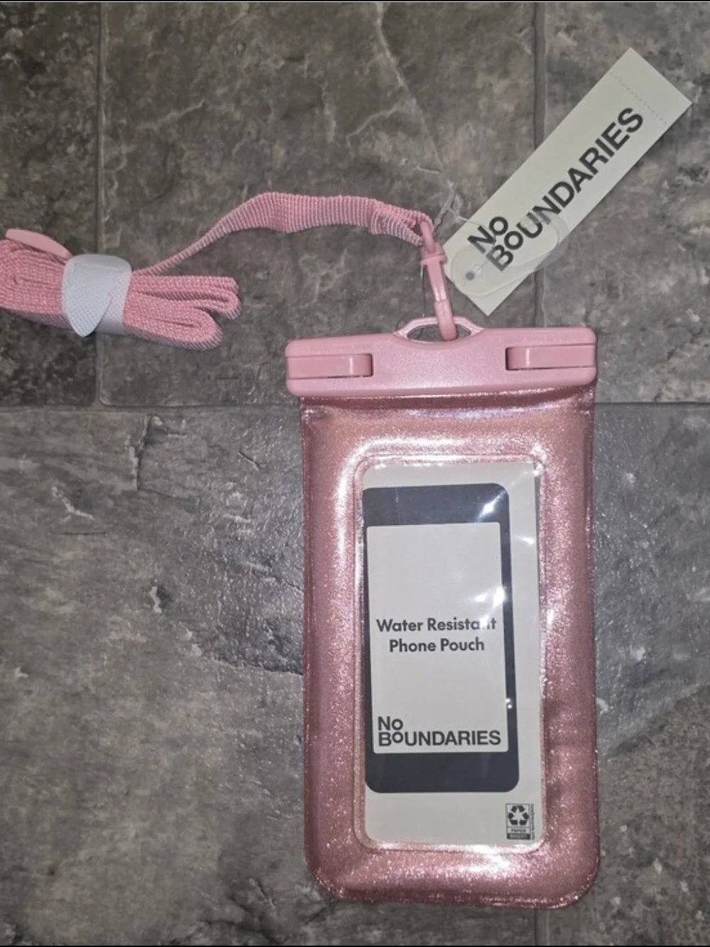 No Boundaries Pink Glitter Waterproof Phone Pouch with Lanyard NWT
